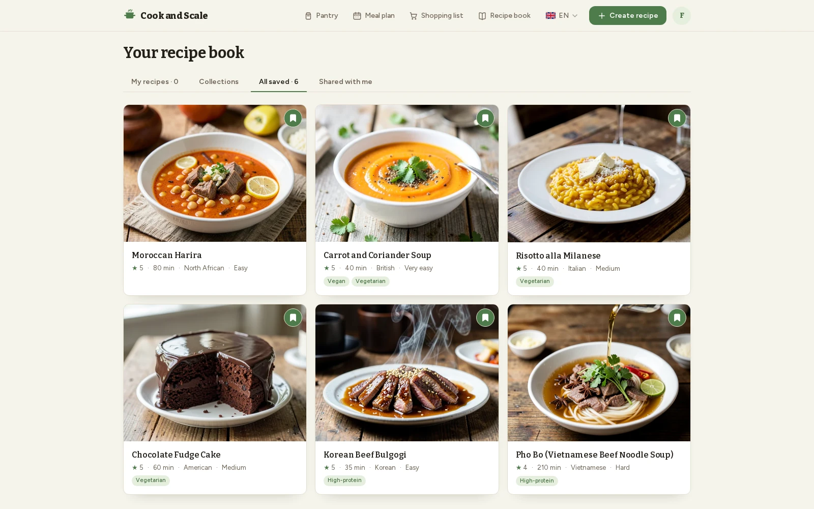 El recetario de Cook and Scale mostrando una cuadrícula de seis tarjetas de recetas guardadas — Harira marroquí, Sopa de zanahoria y cilantro, Risotto alla Milanese, Tarta fundente de chocolate, Bulgogi de ternera coreano y Pho Bo — cada una con foto, valoración en estrellas, tiempo de cocción, cocina, dificultad y una insignia de marcador rellena.