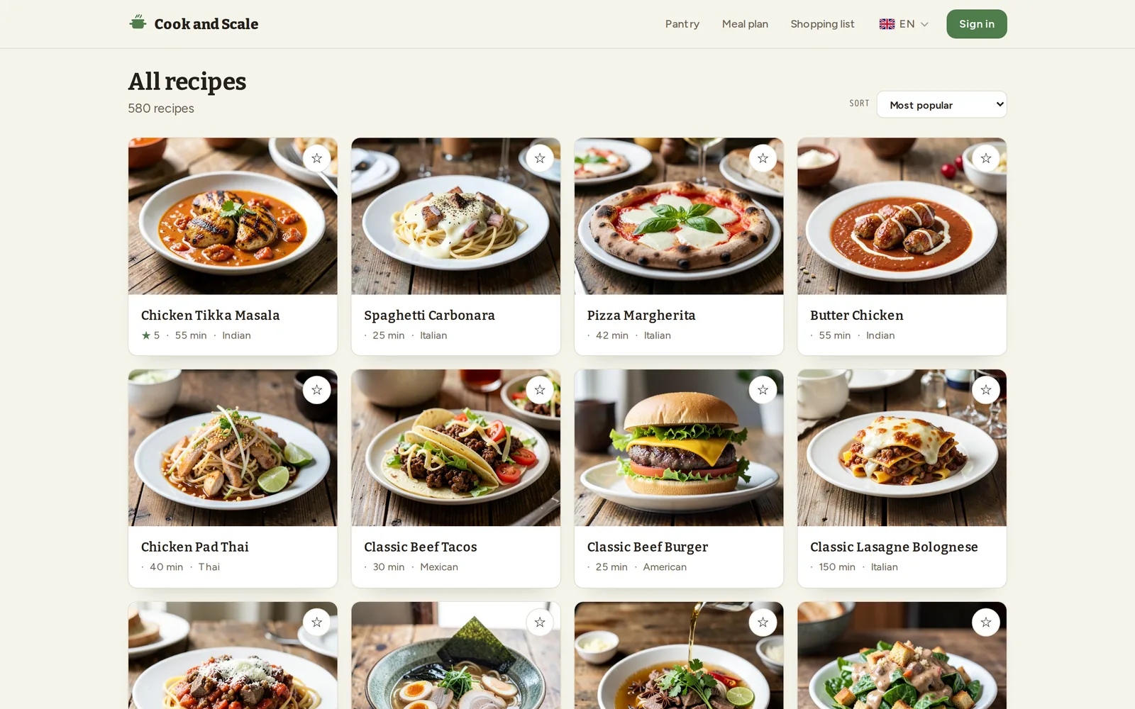 La página de exploración de Cook and Scale mostrando una cuadrícula de tarjetas de recetas con fotos de comida, tiempos de cocción y etiquetas de cocina.