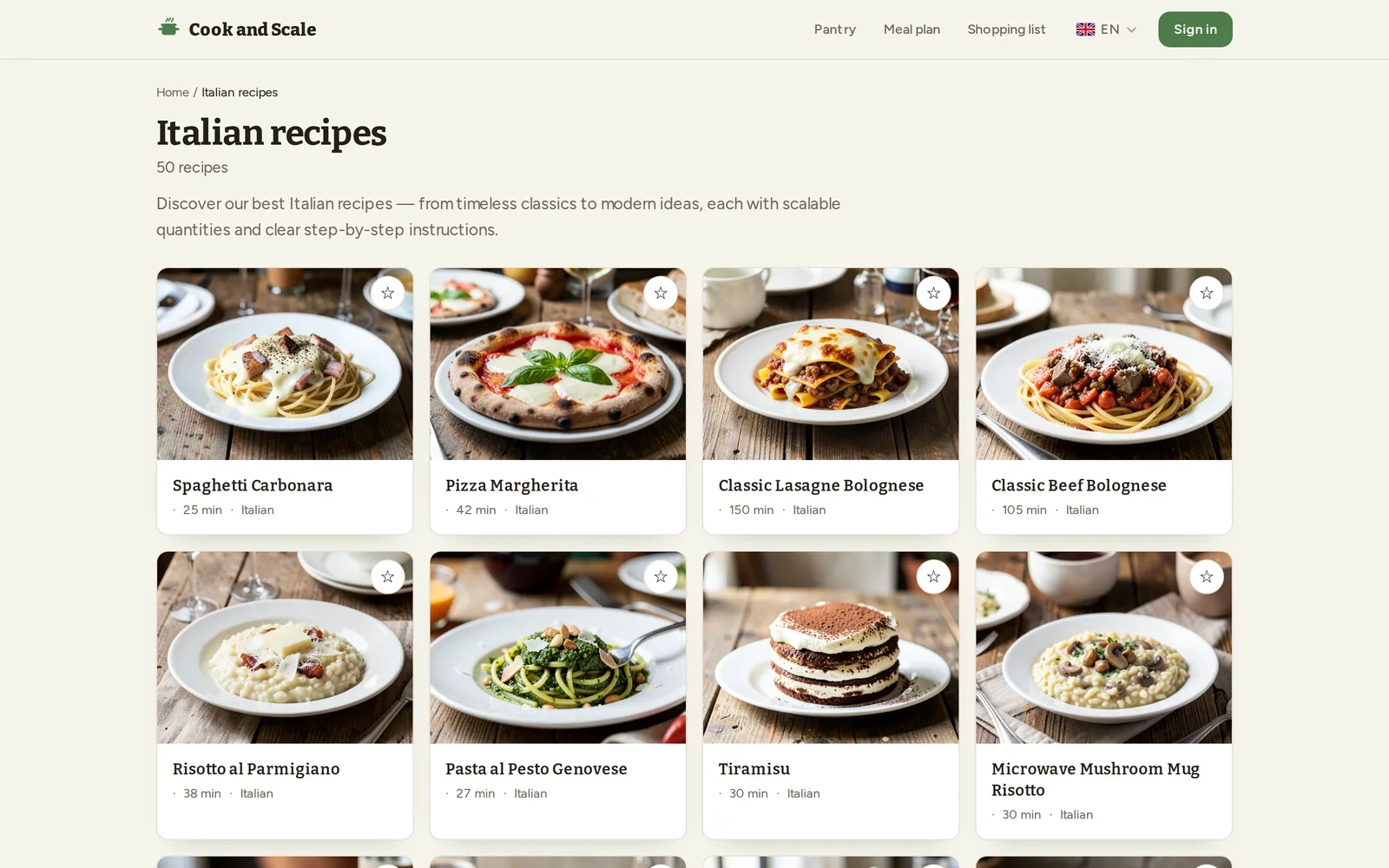 Una página de cocina de Cook and Scale titulada Recetas italianas, con 50 recetas en una cuadrícula de tarjetas con fotografía de comida.